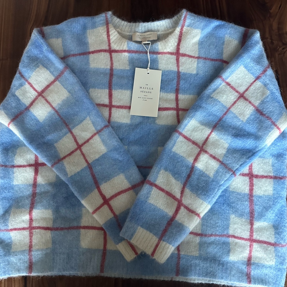 Victoria Jumper - Cream & Blue Windowpane Sweater - Picture 3 of 5